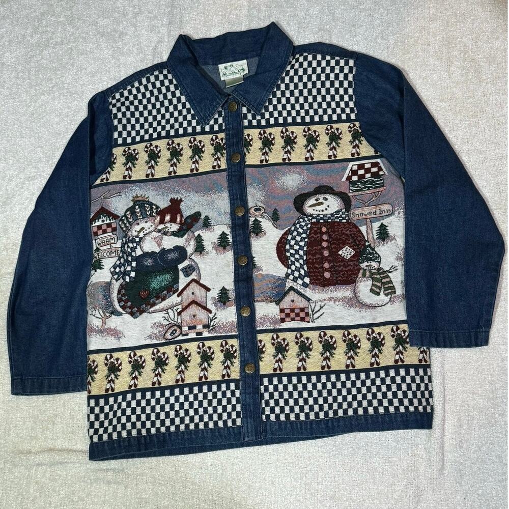 The Quacker Factory Christmas Jean Shirt Needlepoint Snowman Design Size Large